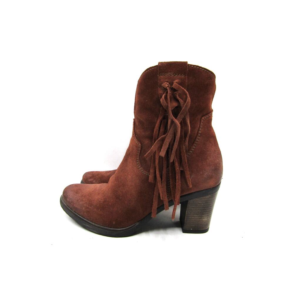 MIZ MOOZ Womens Sz 37 EUR Red Brown Suede Zip Fringe Ankle Fashion Boots Bootie